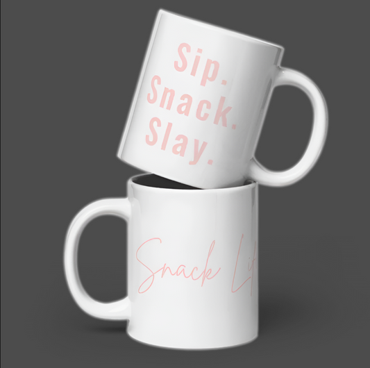 Snack Life™ Signature Mug – 20oz “Sip. Snack. Slay.” Edition